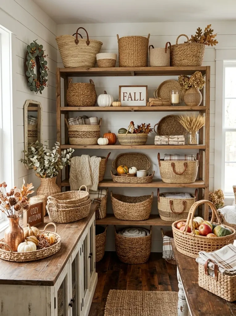 Collection of woven baskets adding texture and warmth to kitchen shelves.