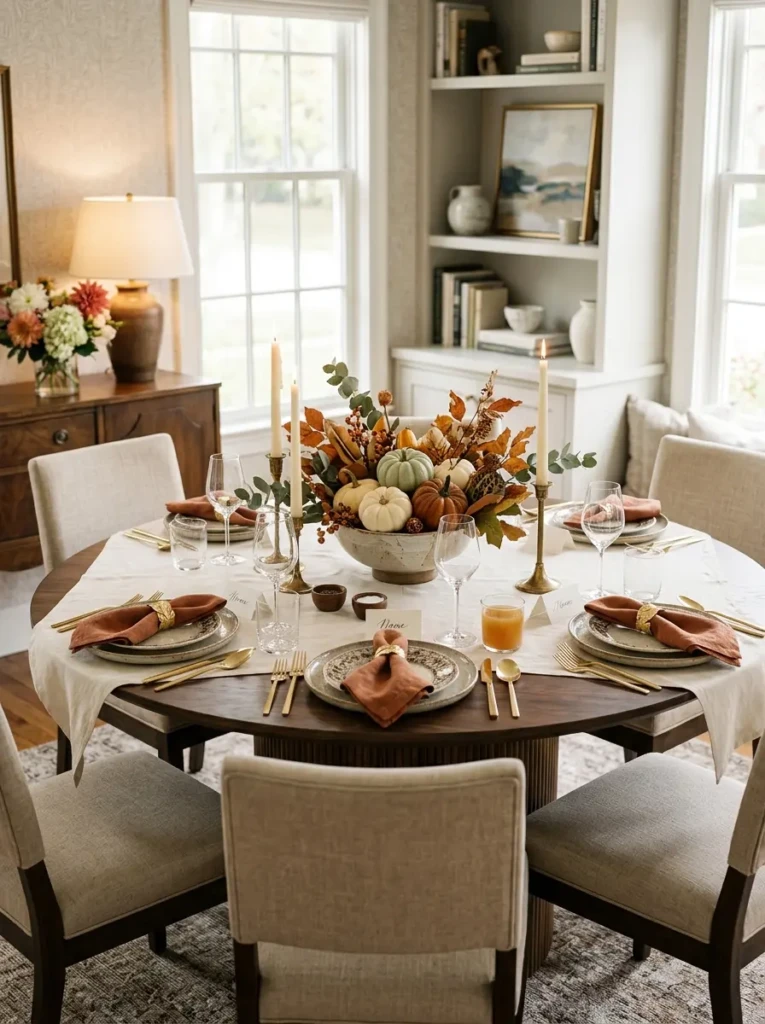 Tasteful seasonal decorations arranged on a stylish round dining table.