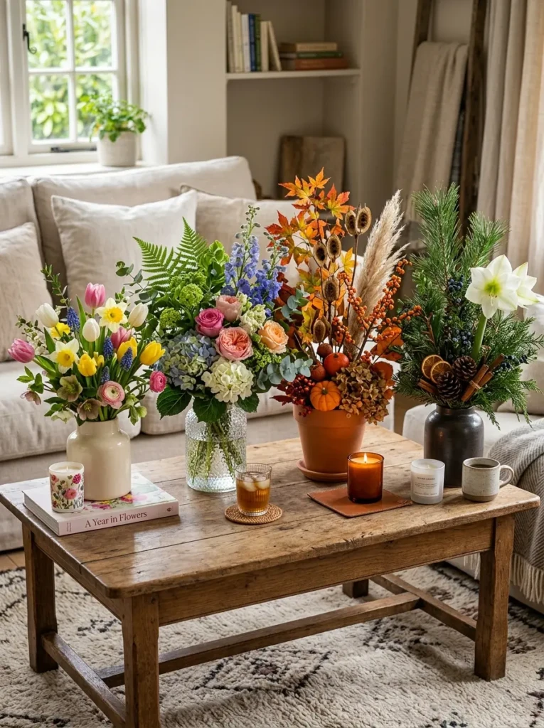 Seasonal floral and greenery arrangements displayed on a stylish coffee table.
