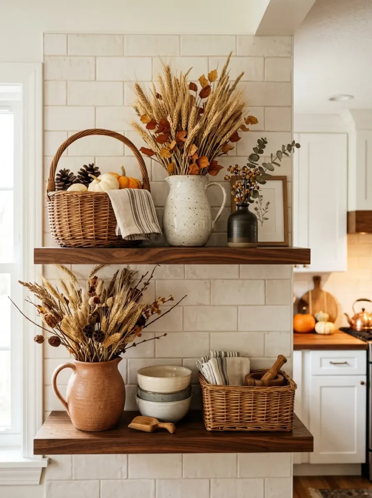 Woven baskets, ceramic pitchers, and dried wheat arranged on open shelves.