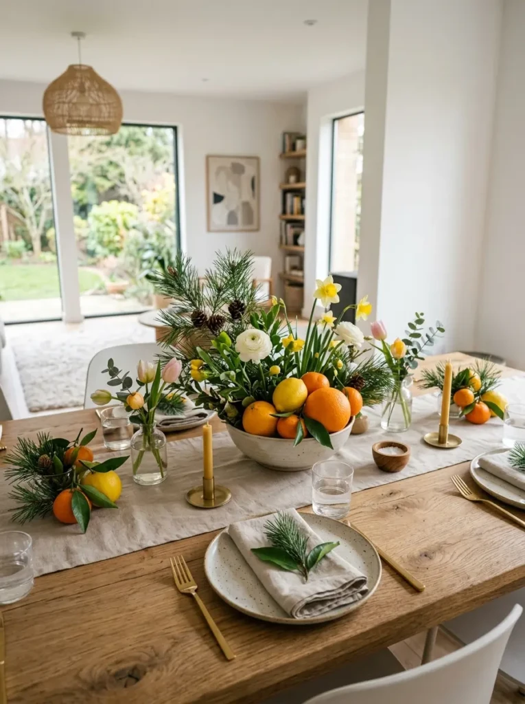 Dining table decorated with seasonal flowers, greenery, and natural accents in a refined way.