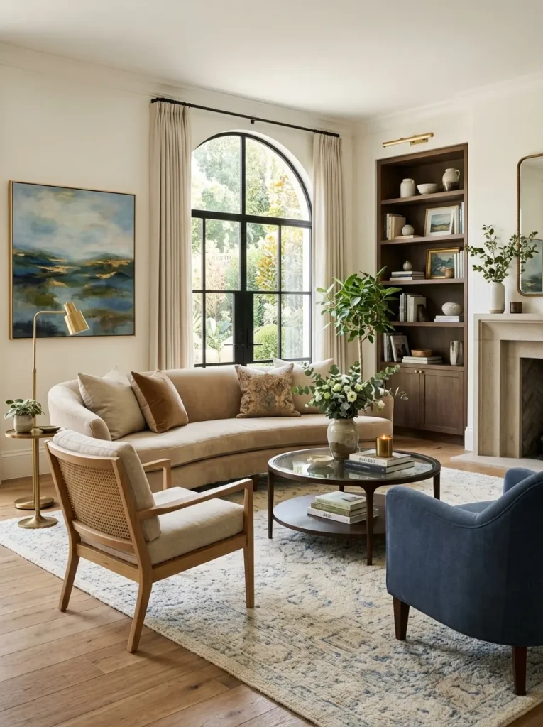 Large neutral rug helping define the living zone in an open-concept room.