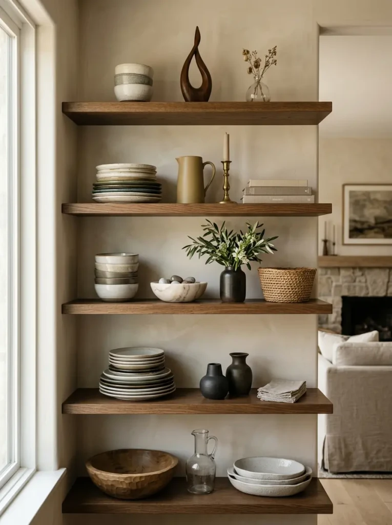 Harmonious display of dishes and decorative accessories on shelves