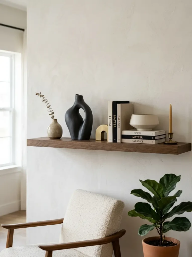 Sculptural accessories arranged on open shelving in a modern living room.