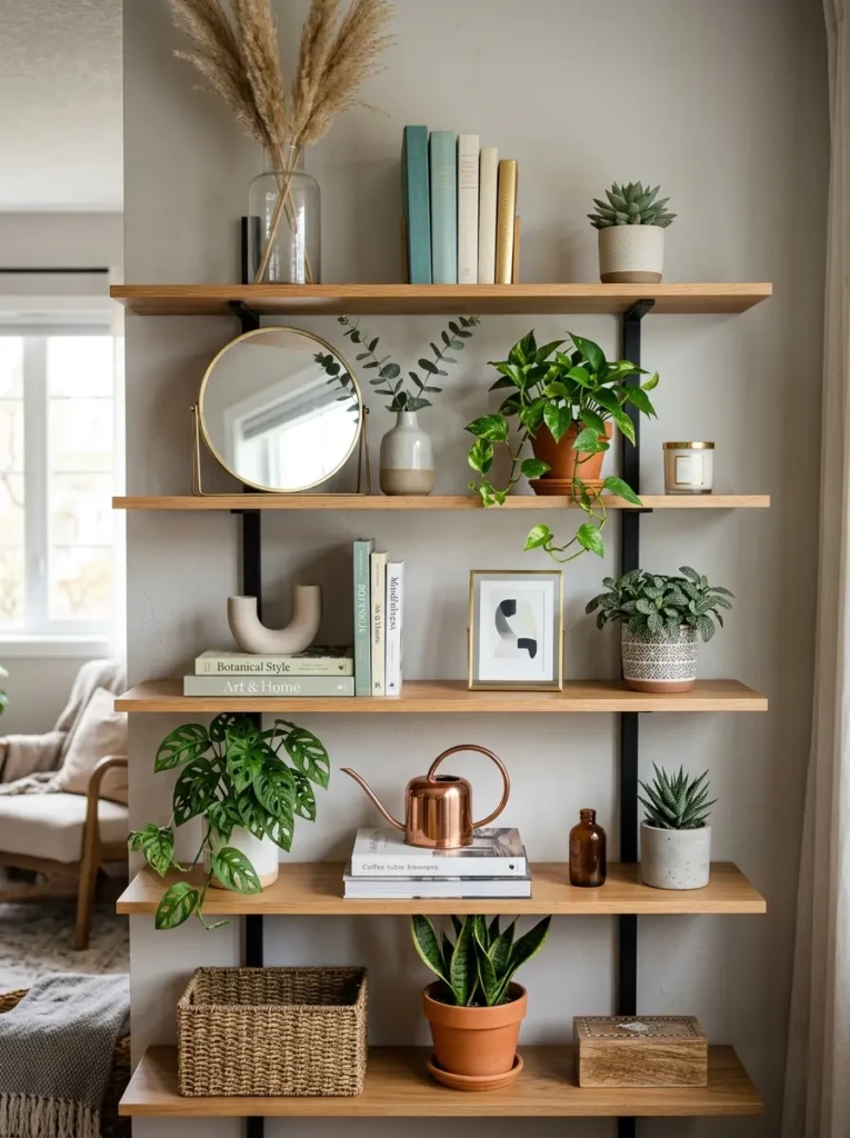 Well-organized shelves featuring varied decor heights, plants, and reflective accents.