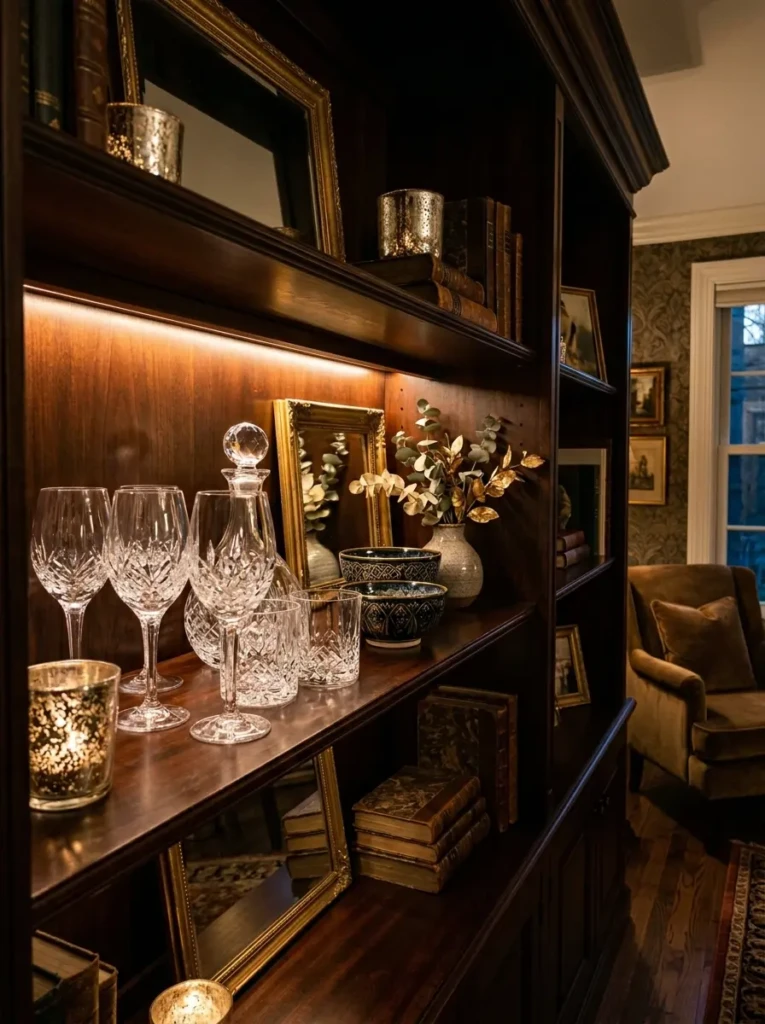 Warm LED lighting highlighting glassware and decor inside a hutch