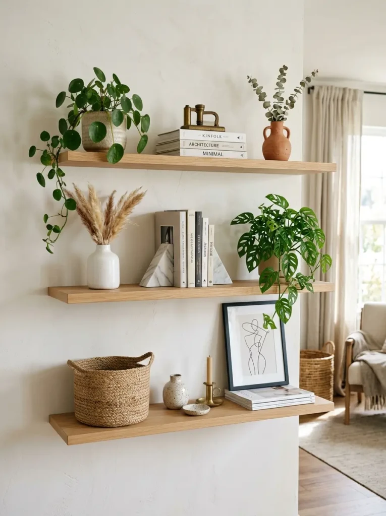 Open shelving with balanced decor and intentional empty space for a clean look.