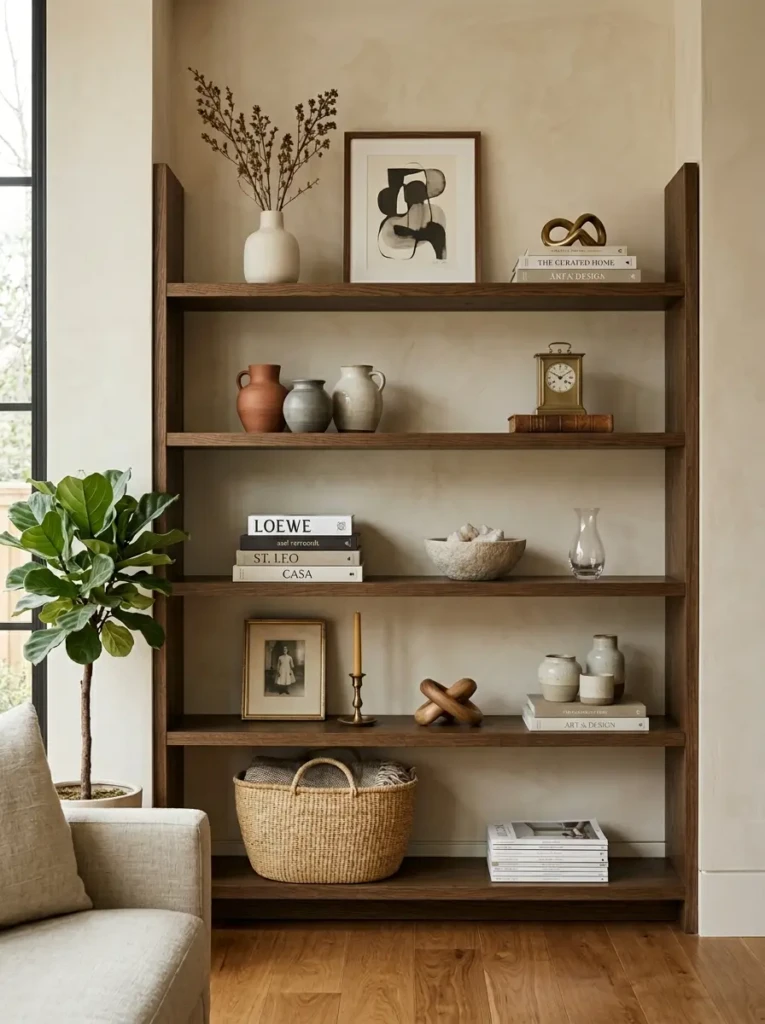 Thoughtfully arranged hutch decor with a clean and uncluttered look
