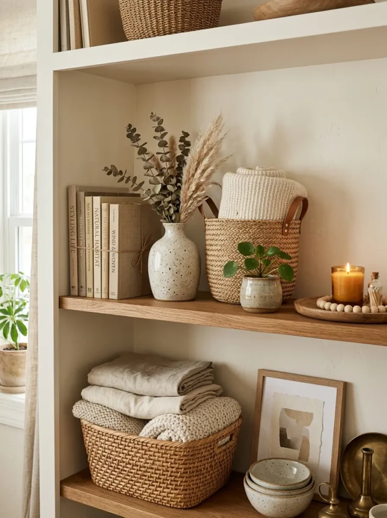 Linen and woven decor creating warmth in a dining room hutch
