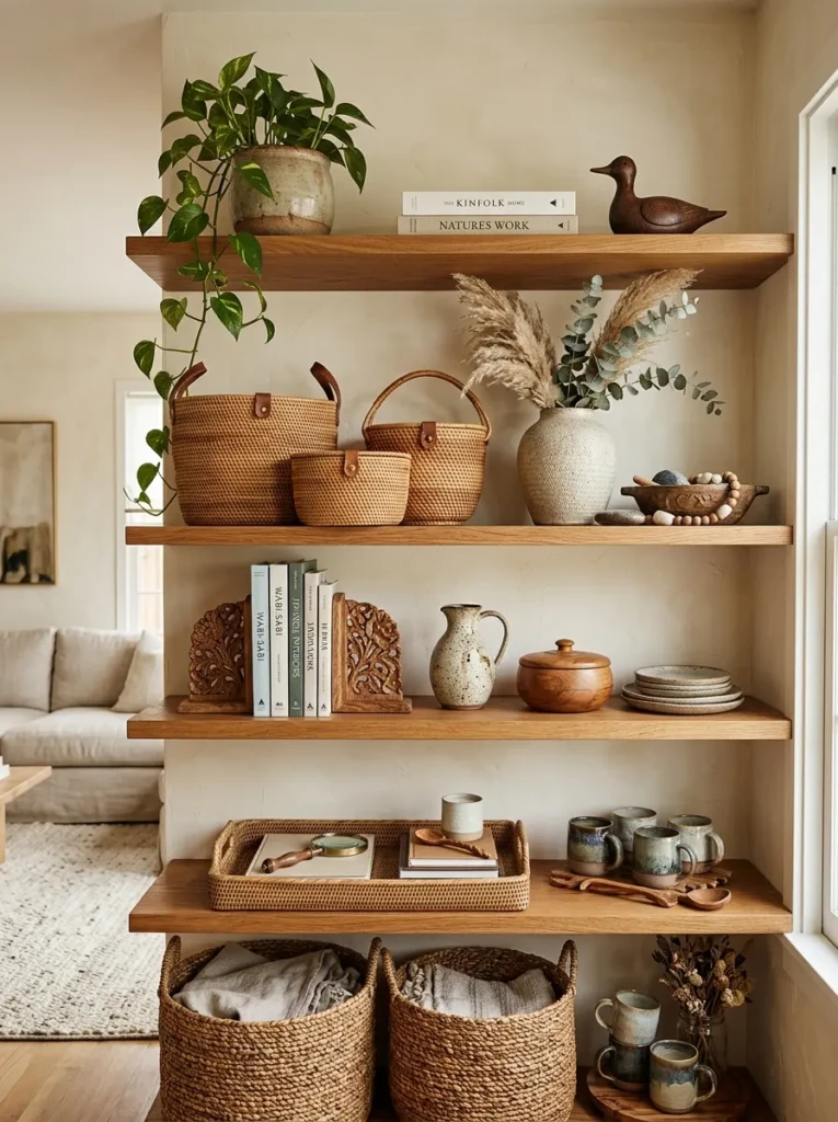 Wooden accessories and woven baskets arranged on dining room hutch shelves