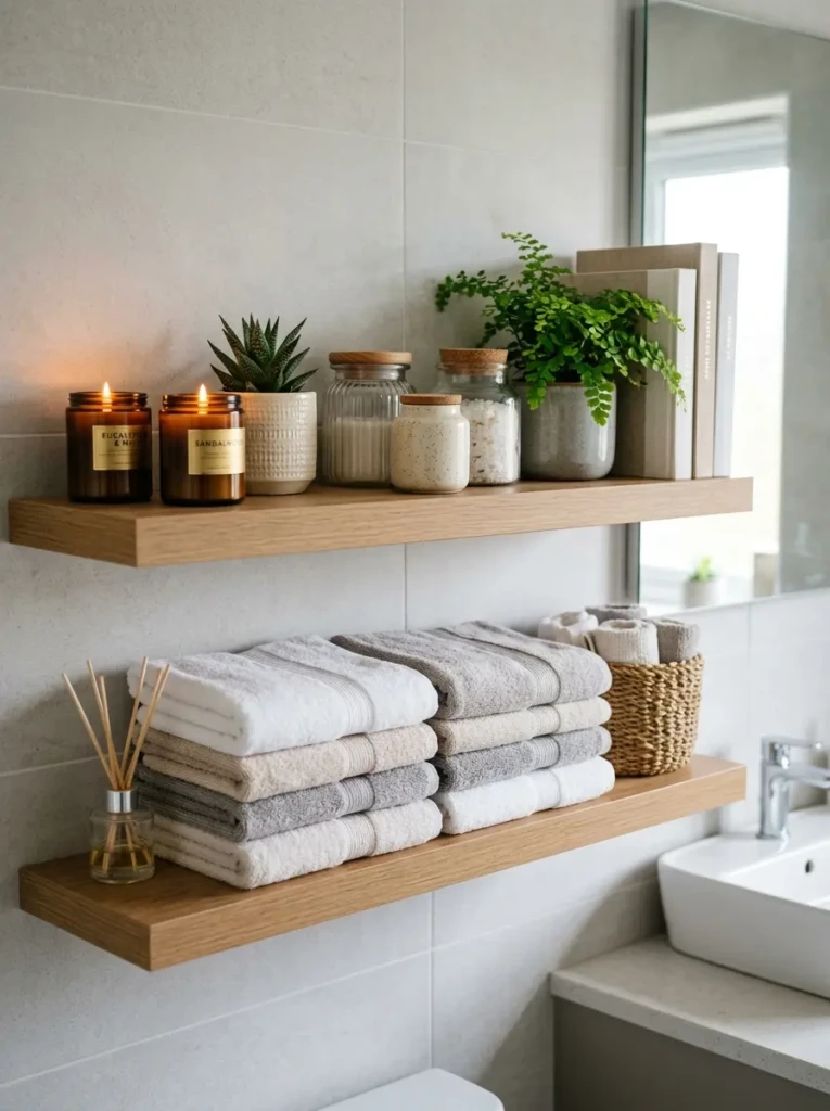Bathroom shelf styled with candles and plants above neatly folded towels.