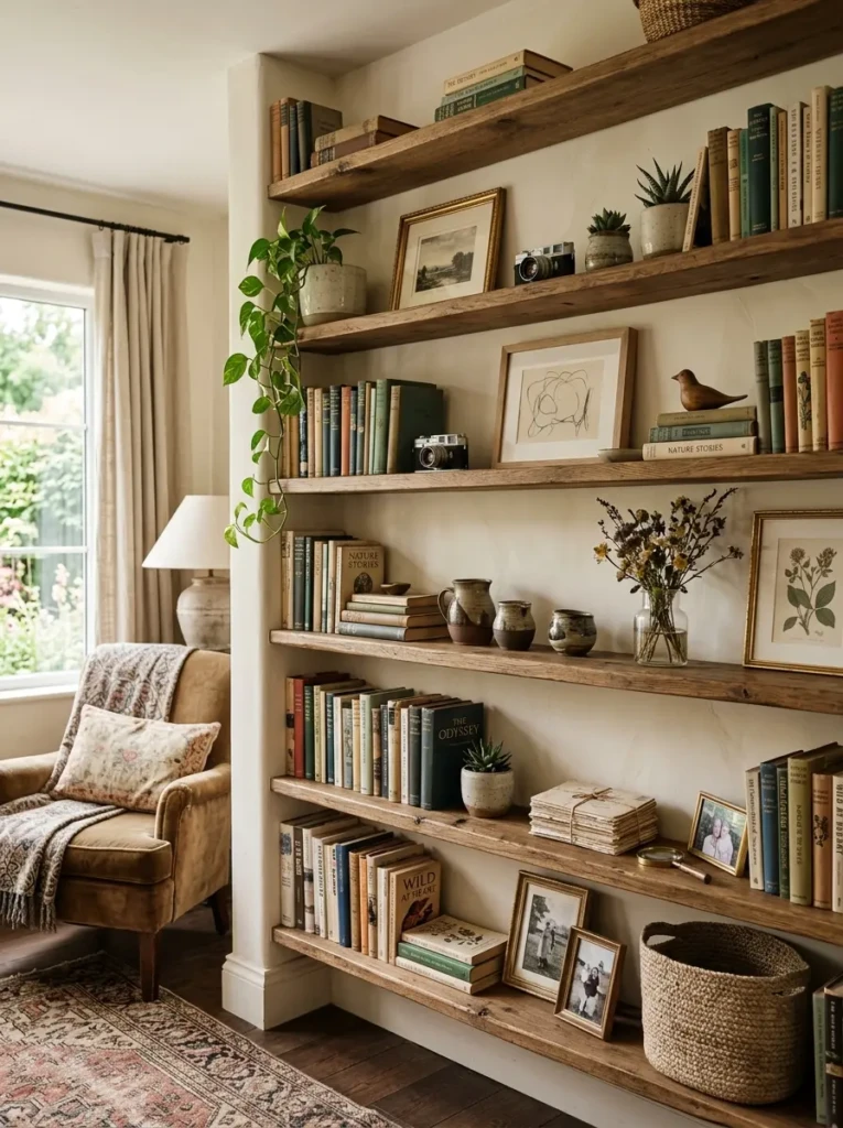Styled shelves with books, framed art, and decorative accessories