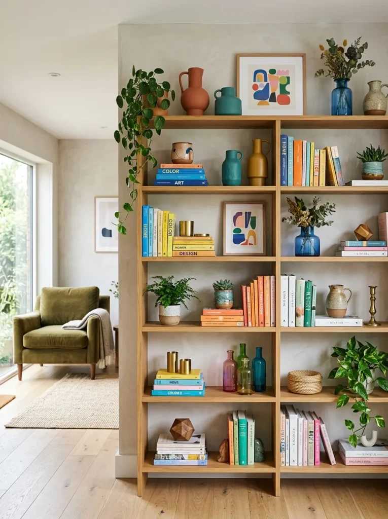 Organized shelves displaying colorful decorative items in a modern living room.