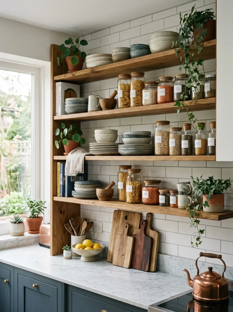 Curated open shelving displaying dishes, glassware, cutting boards, and decorative plants.