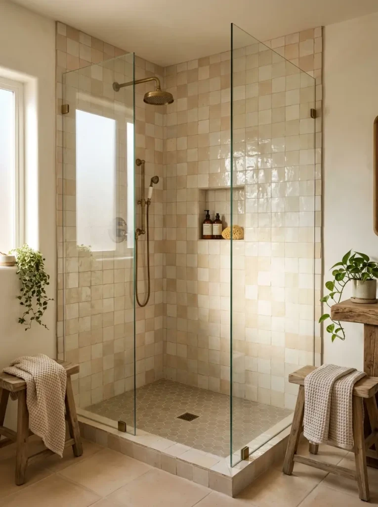 Cozy bathroom shower showcasing textured Zellige tiles in warm neutral tones with artisanal appeal.