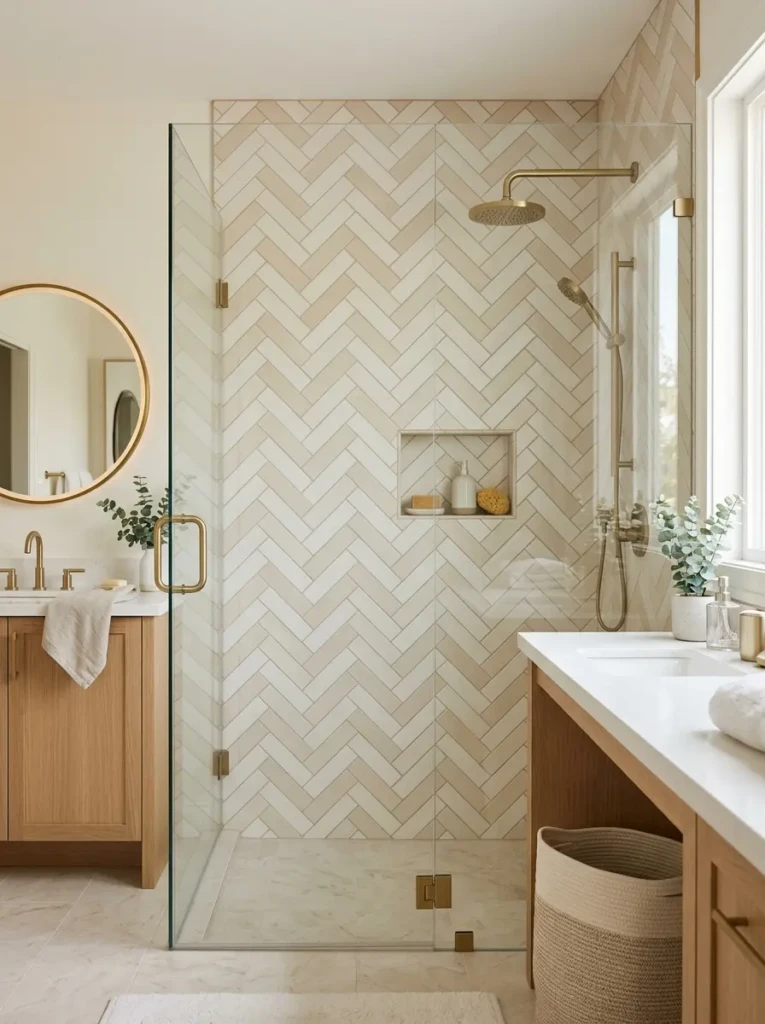 Elegant shower wall featuring a herringbone tile layout in soft neutral colors.