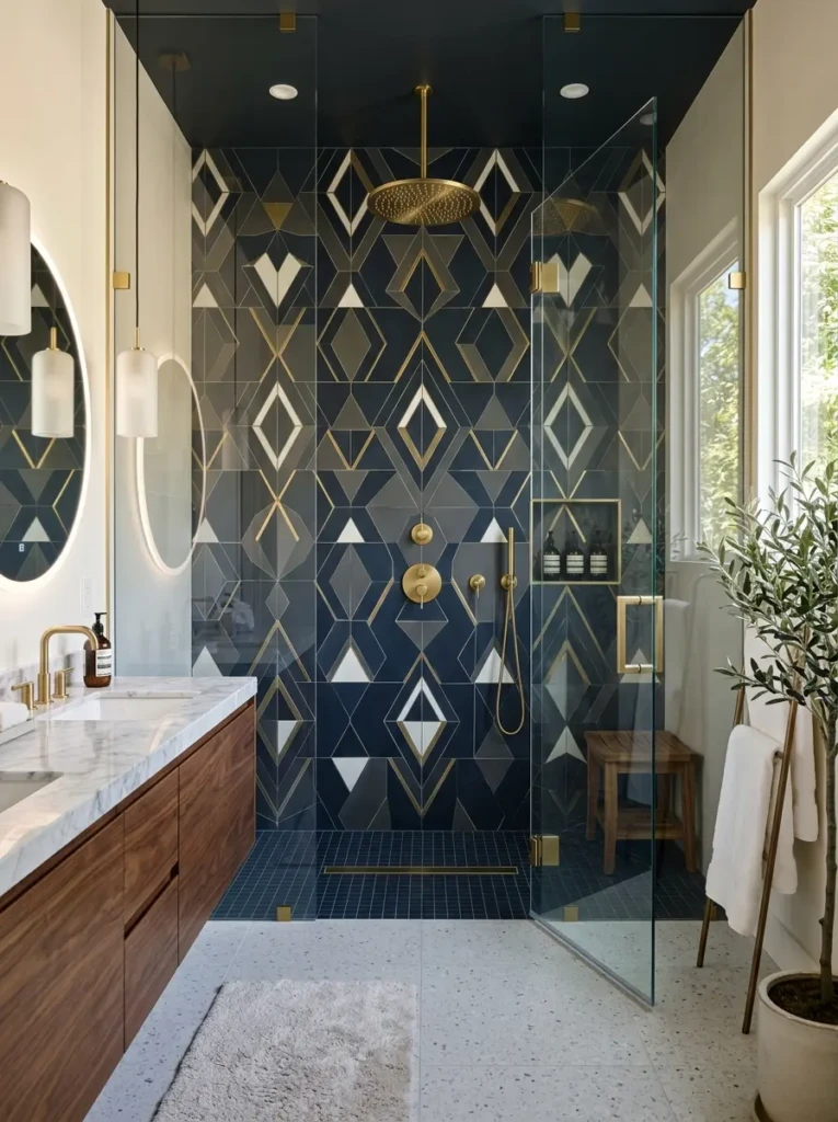 Modern shower showcasing a dramatic accent tile wall extending from floor to ceiling.