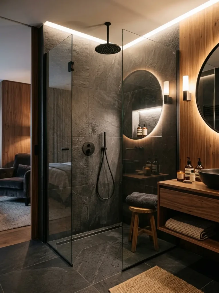 Luxurious shower with dark charcoal tiles, black fixtures, and warm wood accents.