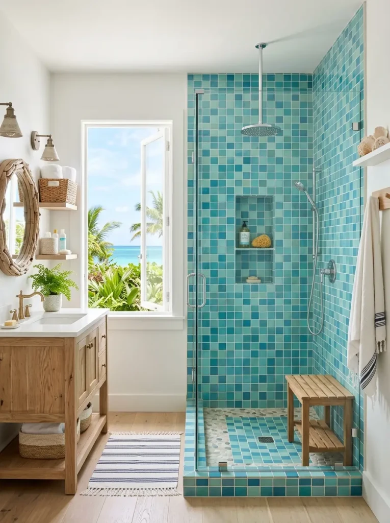 Airy bathroom shower with ocean-blue tiles and natural wood details creating a coastal atmosphere.