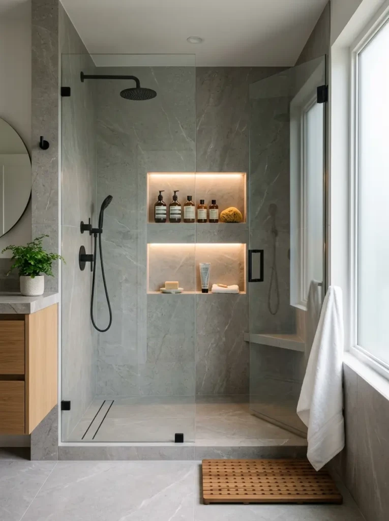 Modern shower with recessed wall niches providing organized and stylish bathroom storage.