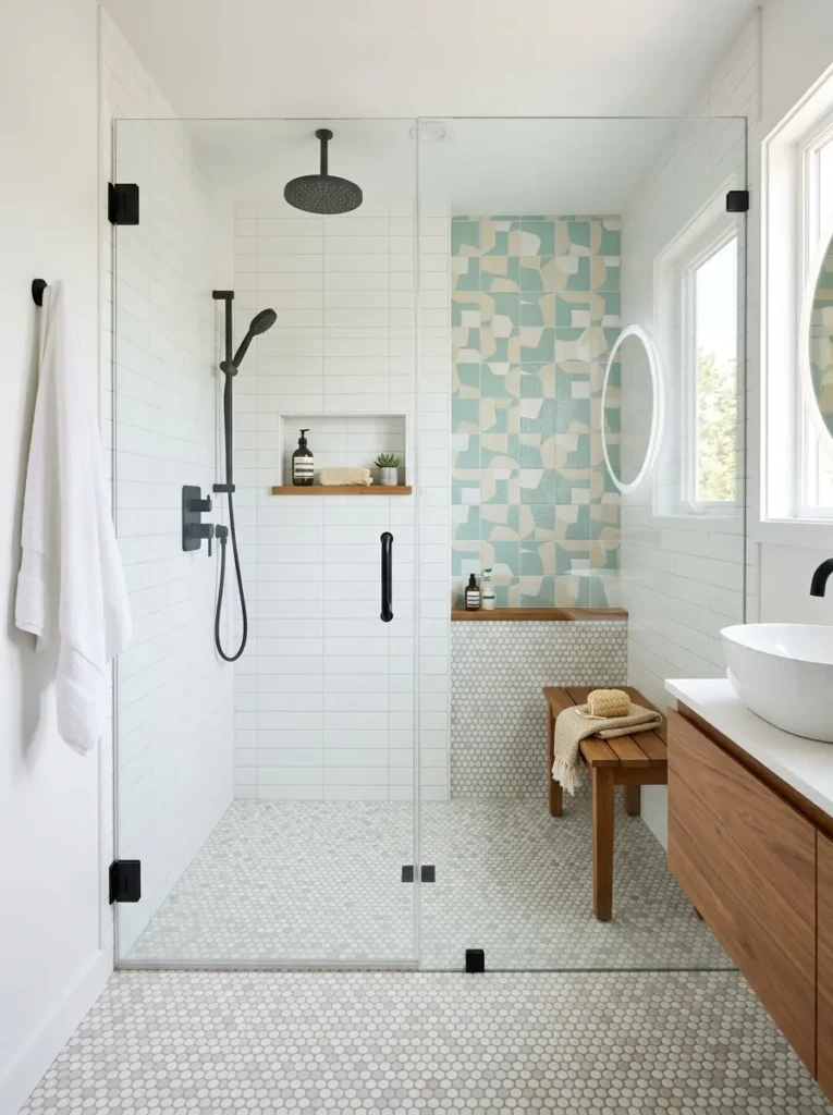 Modern bathroom shower featuring classic penny tile flooring and sleek contemporary finishes.