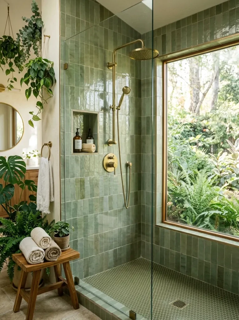 Beautiful shower with sage green tiles, brass fixtures, and organic spa-inspired styling.