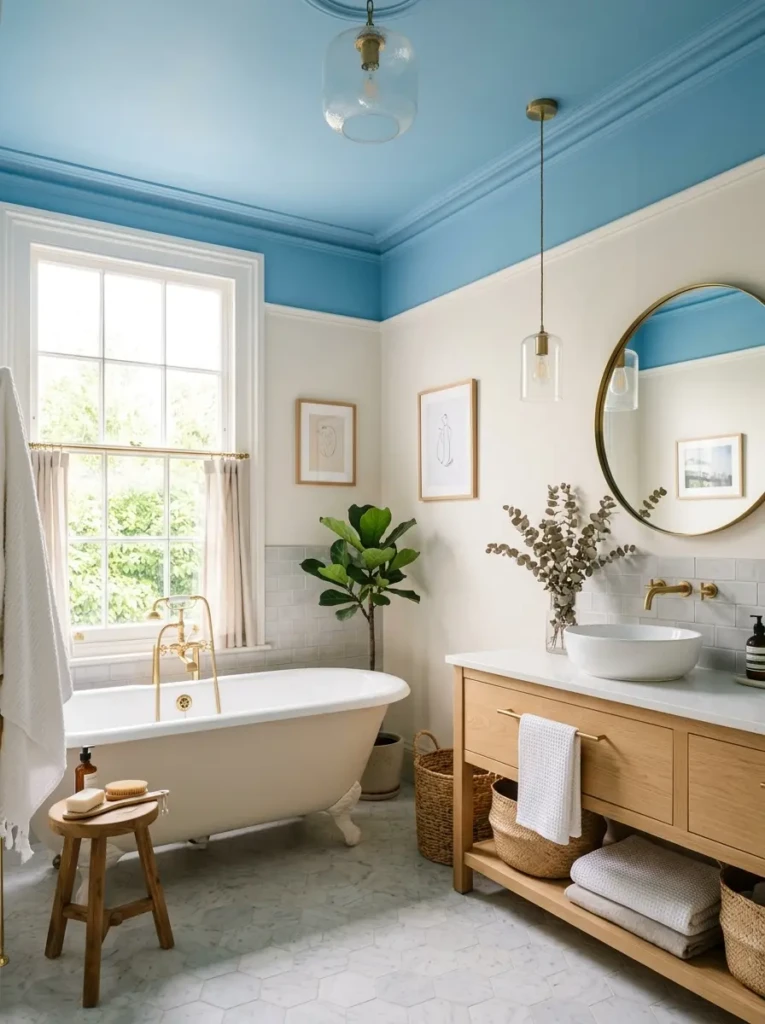 Airy bathroom with a colorful ceiling and neutral walls