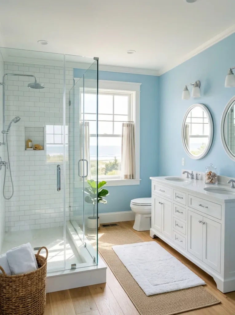 Bright sky blue bathroom with white fixtures, glass accents, and a refreshing coastal atmosphere.