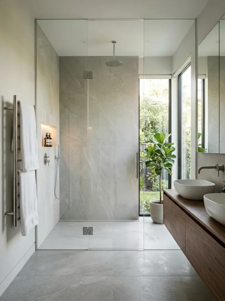 Modern shower featuring oversized porcelain tiles with minimal grout lines and clean design.