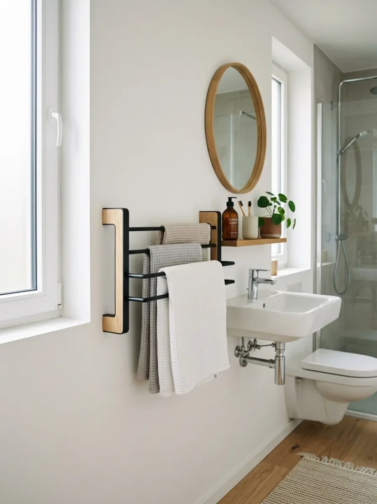 Slim metal towel rack mounted on a white wall in a bright and airy bathroom.
