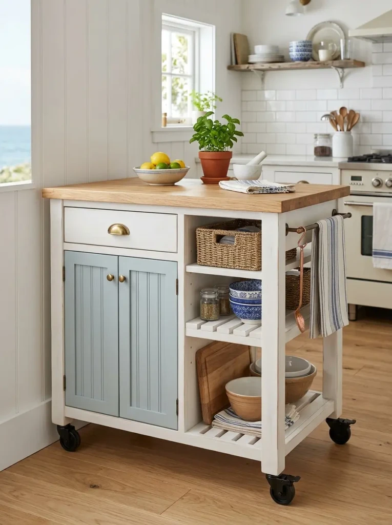 Slim rolling island with open shelving in a small coastal kitchen.
