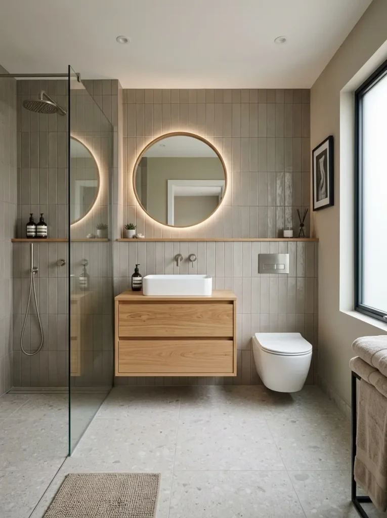 Modern bathroom with a floating wood vanity and open floor space for a spacious look.