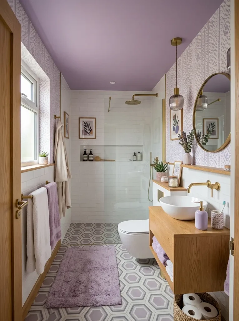 Small stylish bathroom featuring a lavender-painted ceiling and coordinated decor.