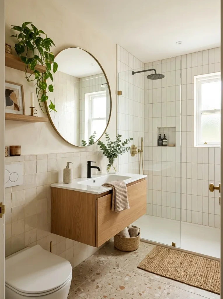 Beautifully designed small bathroom showcasing smart storage, elegant finishes, and an inviting atmosphere.