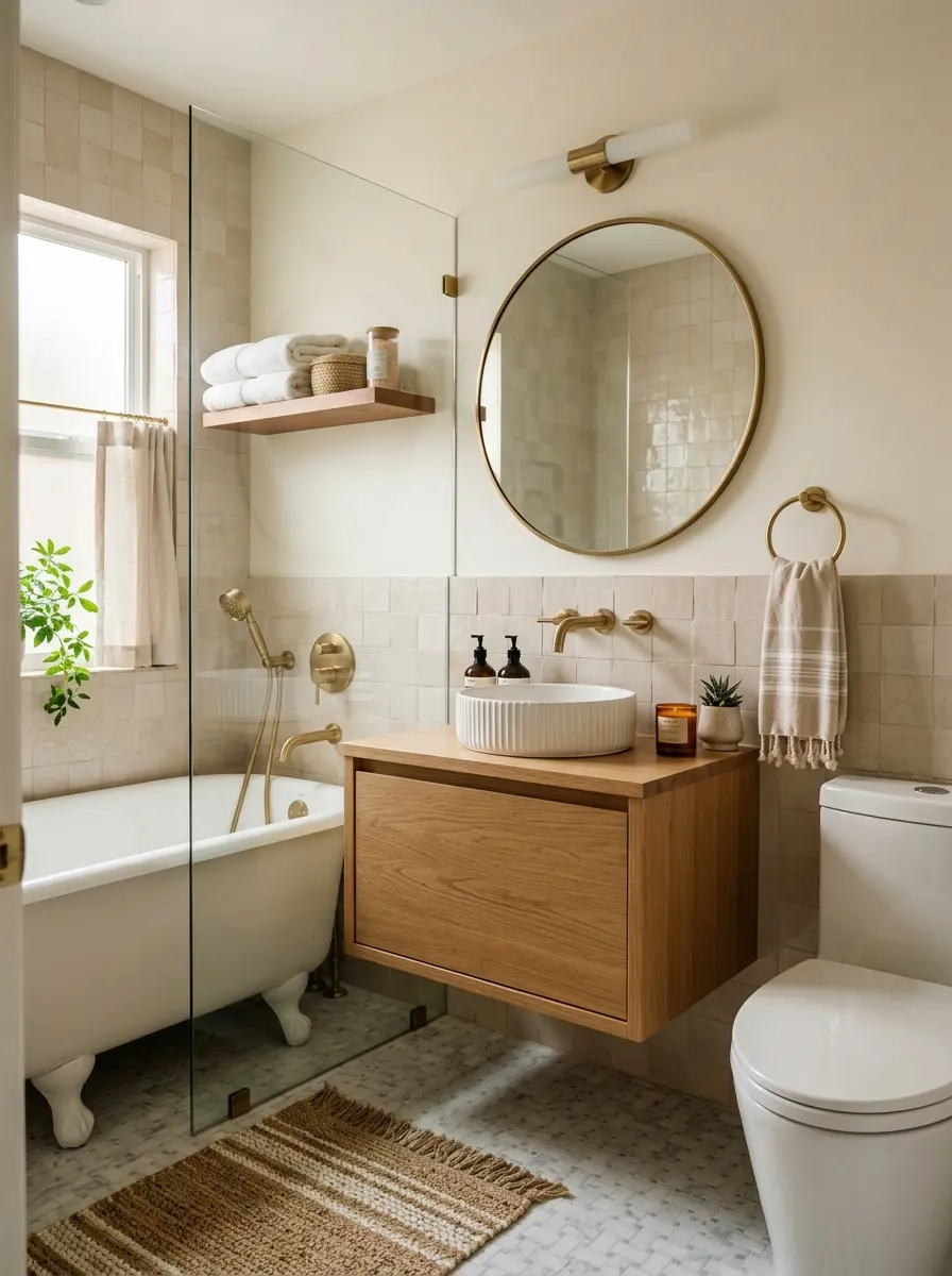 Cozy small bathroom with elegant decor, soft natural light, and an airy spa-like atmosphere.