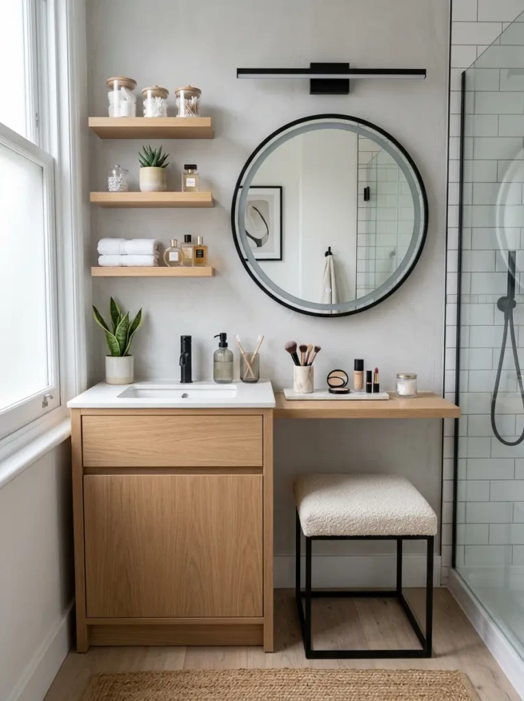 Compact bathroom vanity with makeup area featuring smart storage, slim countertop extension, and space-saving layout.