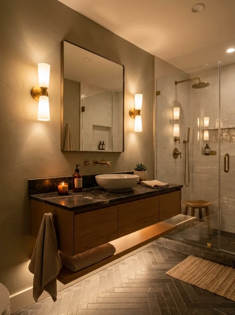 Small bathroom illuminated with wall sconces and warm LED lighting for a cozy atmosphere.
