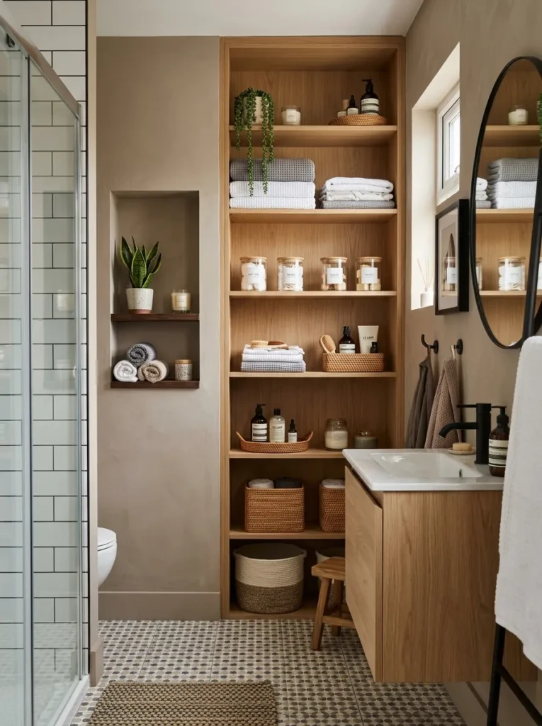 Small bathroom with tall shelving units and wall storage maximizing vertical space.