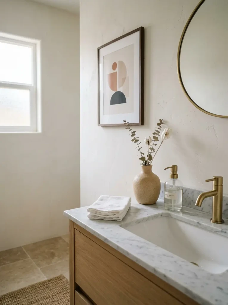 Elegant small bathroom with simple decor, clean surfaces, and a clutter-free design.