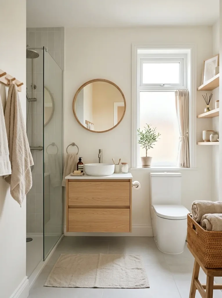 Small bathroom with warm white walls, beige accents, and light wood finishes creating an airy feel.