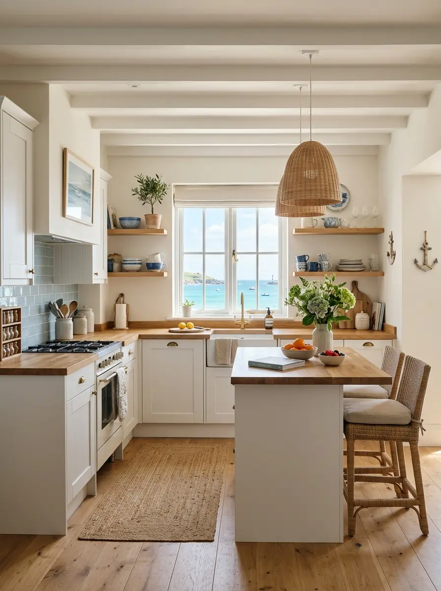 Bright small coastal kitchen with white cabinets, light wood accents, woven lighting, and airy seaside-inspired decor.