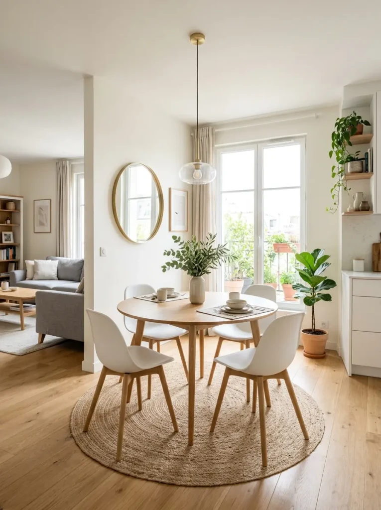 Compact dining space designed with open flow and minimalist furniture placement