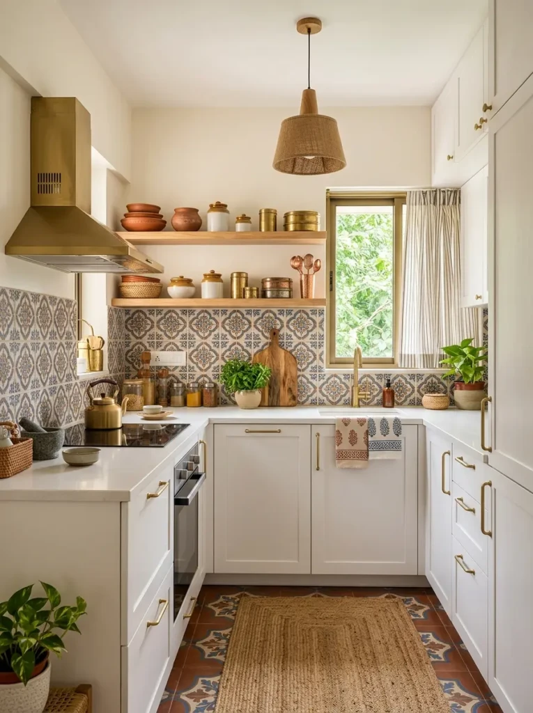 Elegant kitchen combining white cabinets, brass hardware, handcrafted pottery, and natural wood accents.