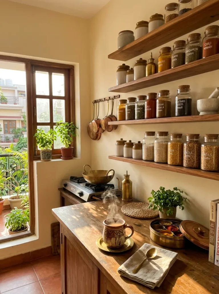 Small Indian kitchen with warm sunlight, spice jars, a cup of chai, wooden shelves, and cozy organized decor.