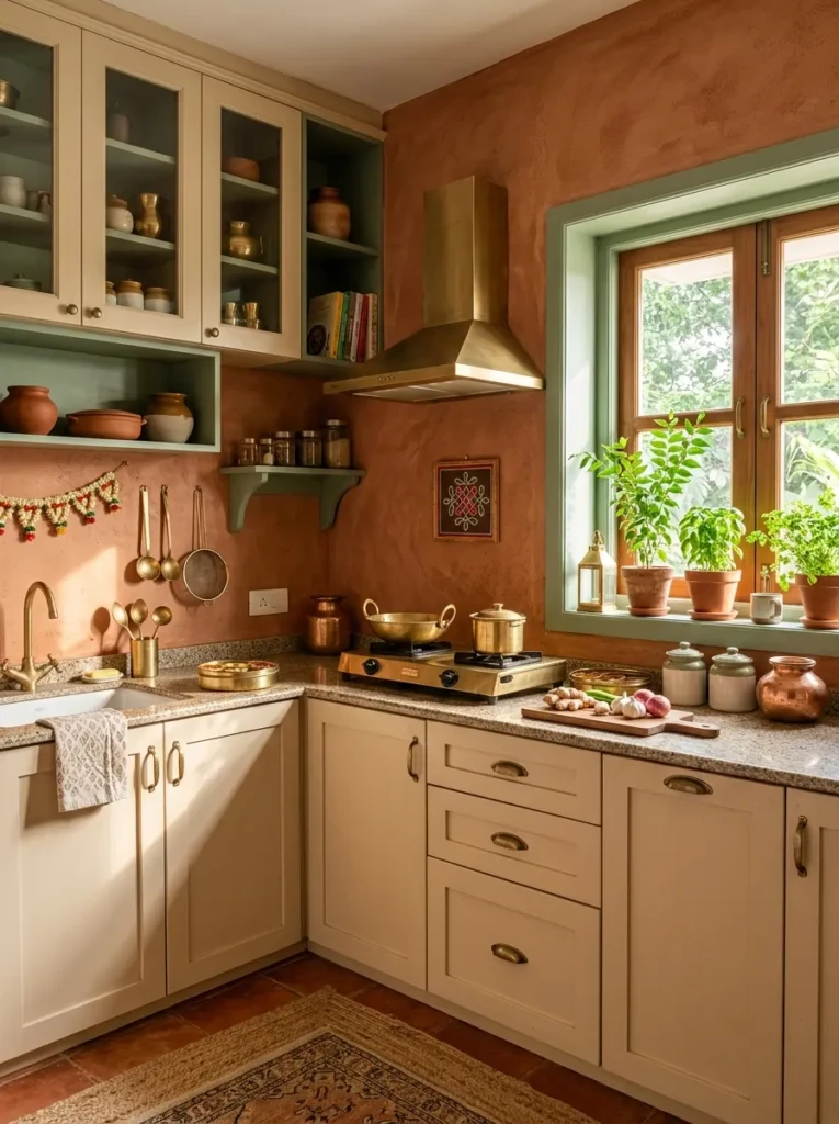 Small Indian kitchen with terracotta walls, beige cabinets, sage green accents, and brass decor creating a cozy atmosphere.