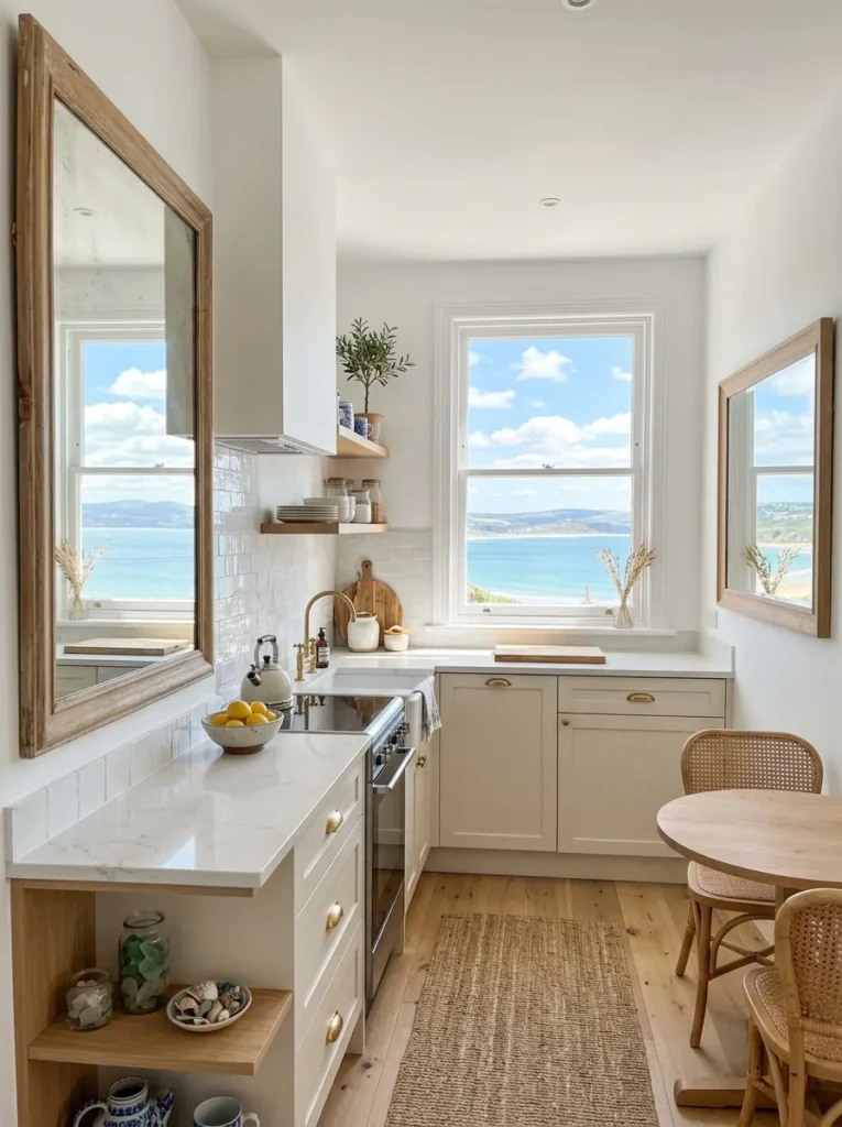 Small kitchen using mirrors and reflective surfaces to maximize brightness.