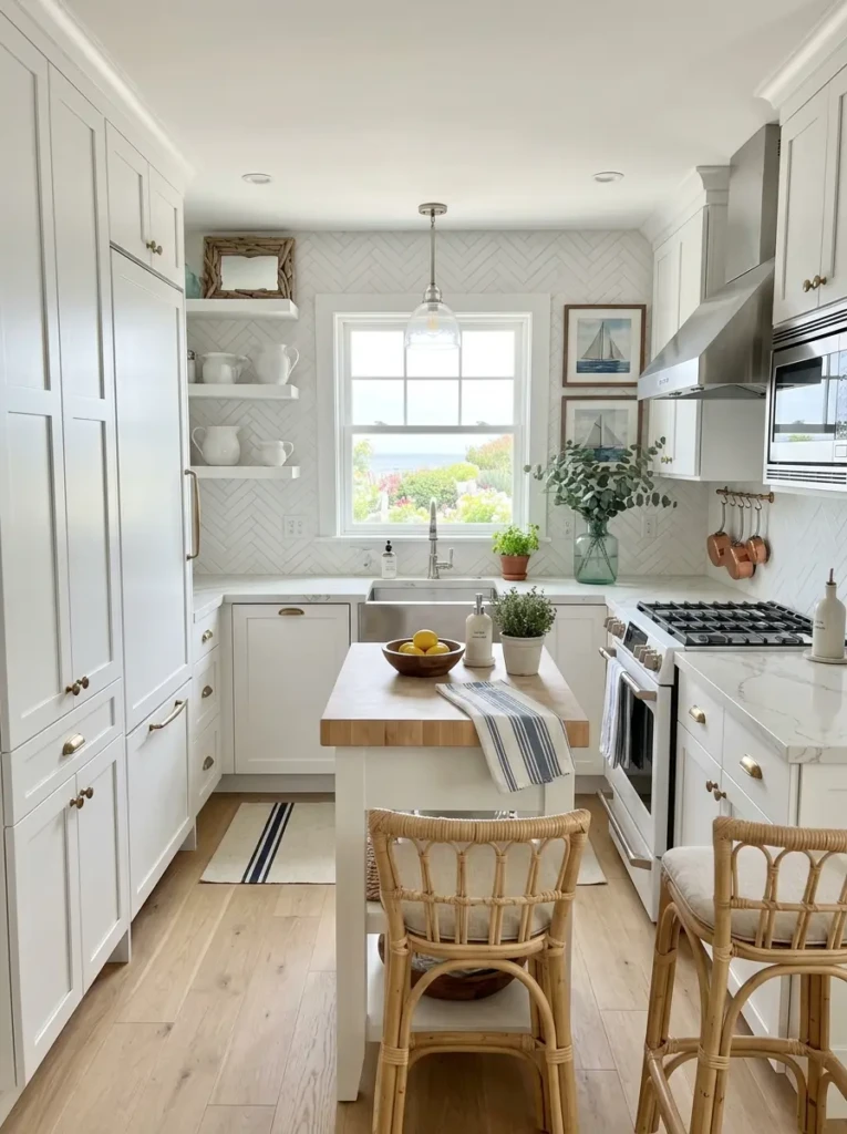 Small coastal kitchen with quartz countertops and timeless seaside styling.