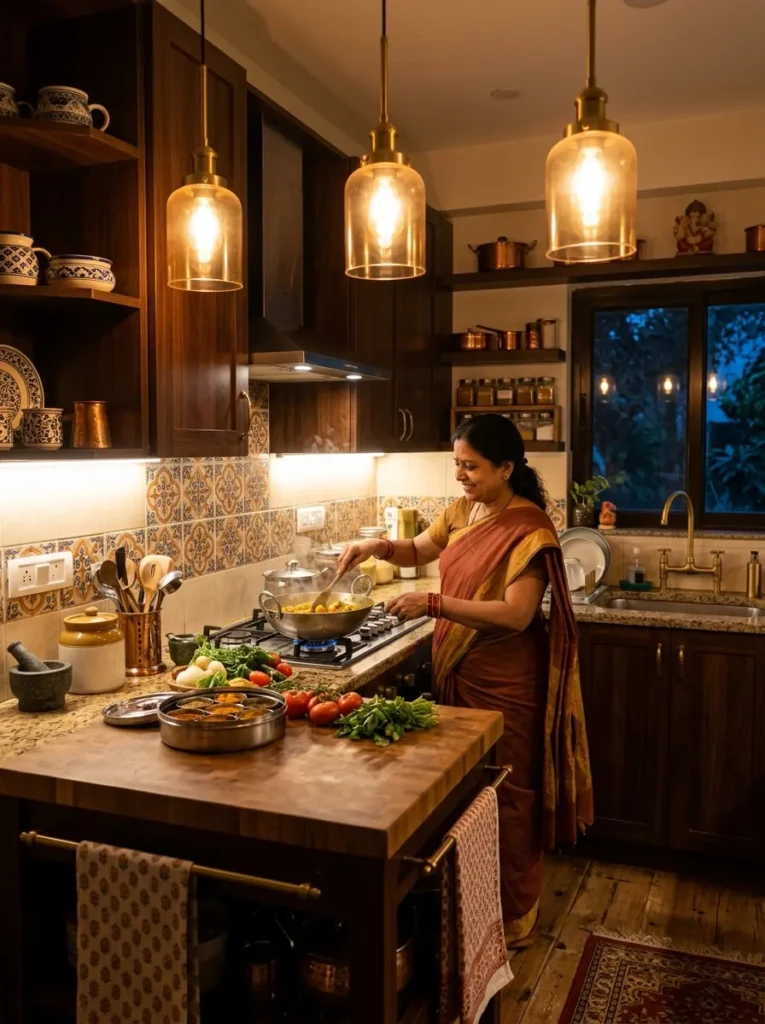 Small kitchen illuminated with warm under-cabinet lighting and pendant lights during the evening.