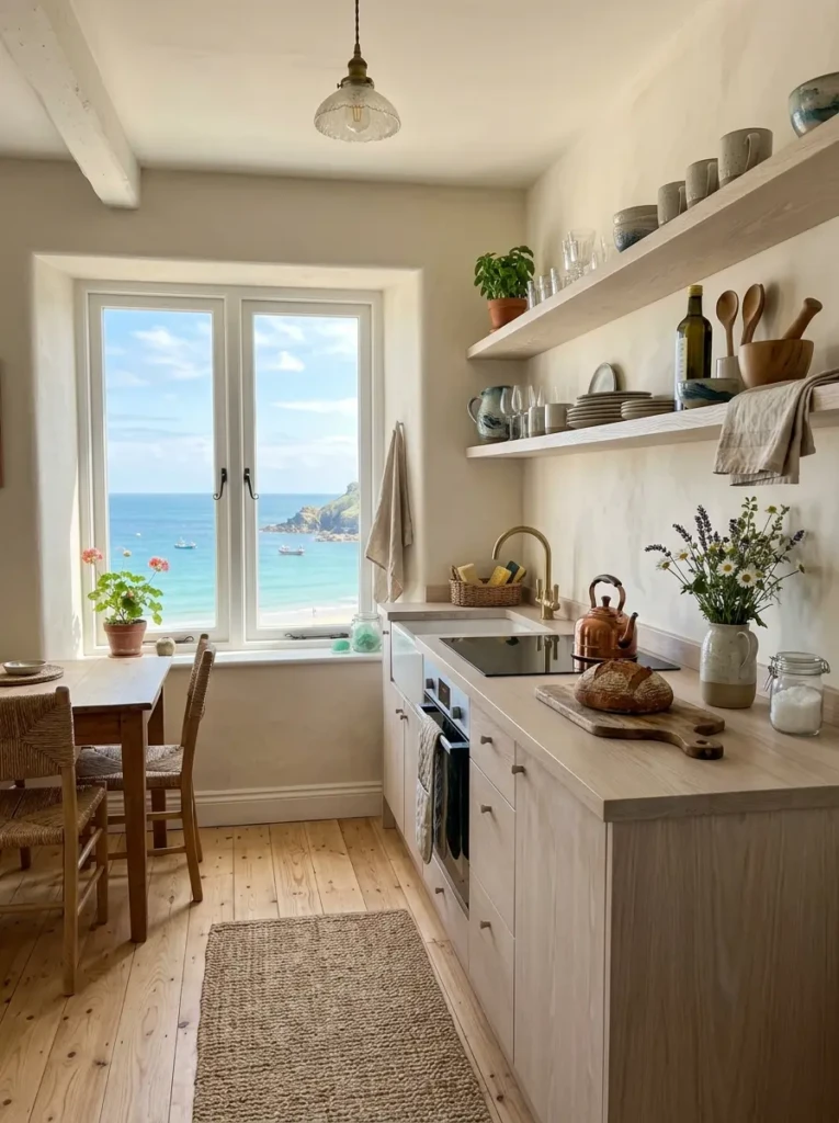 Small kitchen with whitewashed wood shelving, ash flooring, and bright coastal styling.
