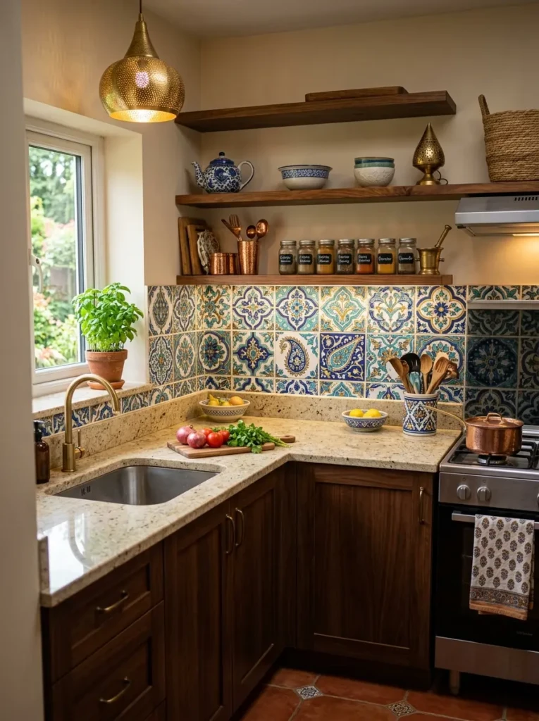 Small kitchen with blue and white patterned backsplash tiles adding character and visual interest.